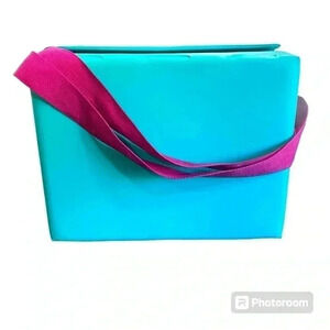 Vintage Teal Vinyl Tupperware Insulated Large Cooler Picnic Bag Tote Pink Handle